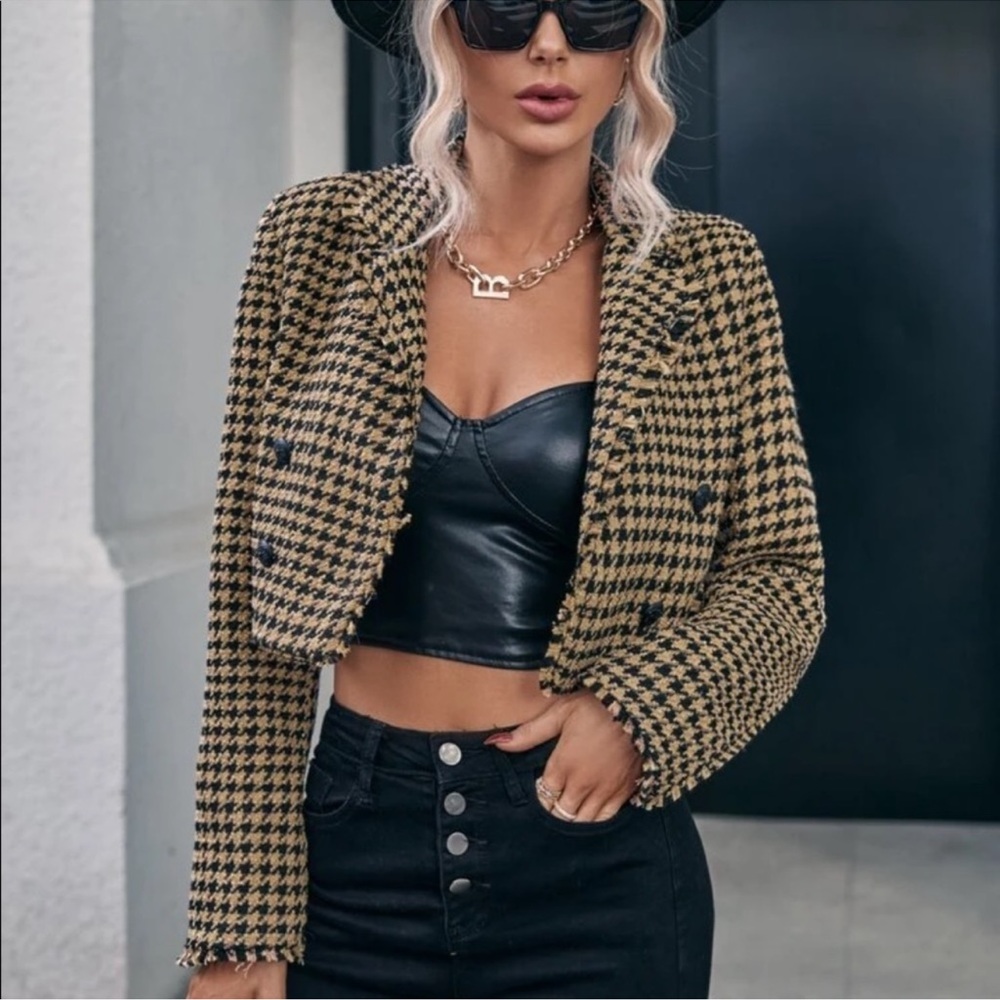 NWT House of Harlow 1960 Houndstooth Double Breasted Crop Tweed Blazer Jacket